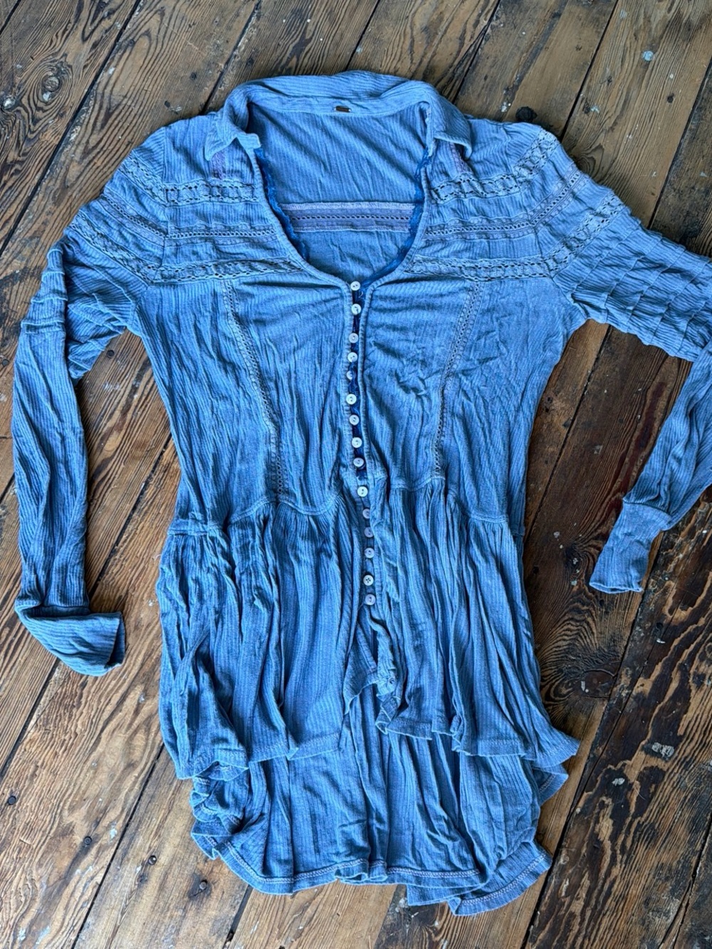 Free People Dusty Blue Button-Front Long-Sleeve Dress